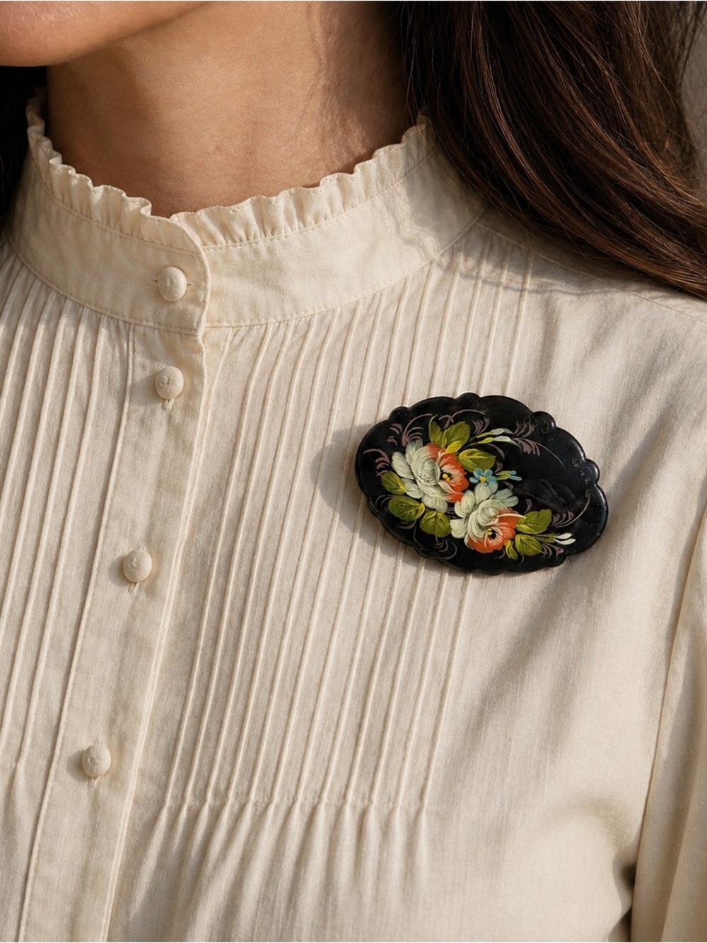 Vintage Russian Hand Painted Wood Floral Brooch Black Lacquer Folk Art